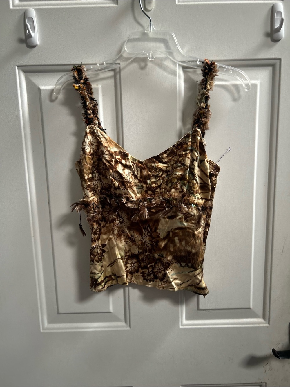 Y2K Alberto Makali Brown and Cream floral w/ feathers & Sequins tank Sz S - Picture 7 of 15